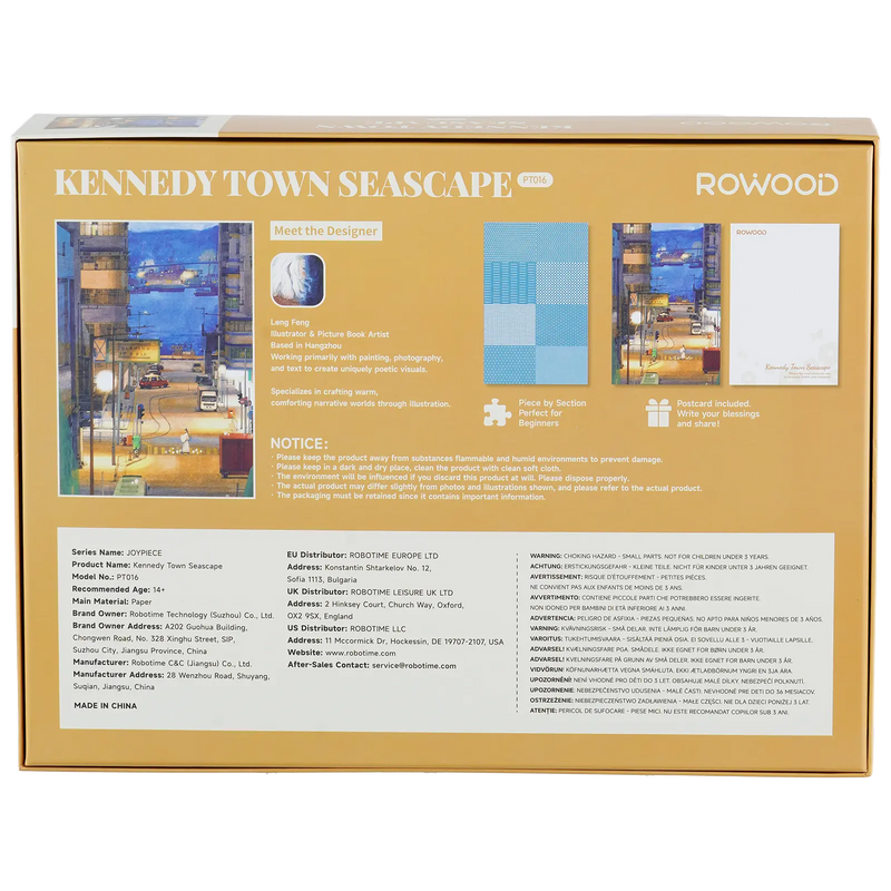 Rückseite der Verpackung der Robotime Kennedy Town Seascape, 1.000-teiliges Puzzle mit einer Straße in einem Hafendorf mit Booten im Hintergrund
