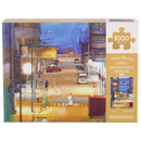 Vorderseite der Verpackung der Robotime Kennedy Town Seascape, 1.000-teiliges Puzzle mit einer Straße in einem Hafendorf mit Booten im Hintergrund