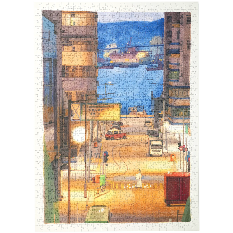 Produktfoto der Robotime Kennedy Town Seascape, 1.000-teiliges Puzzle mit einer Straße in einem Hafendorf mit Booten im Hintergrund