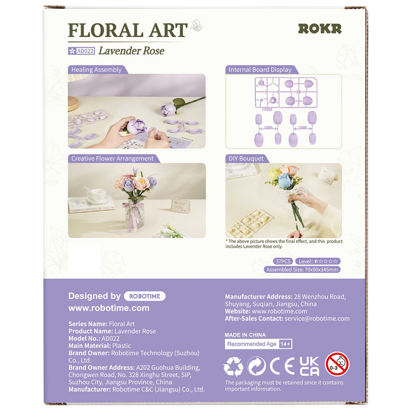 Rückseite der Verpackung der Robotime Lavender Rose, Kunststoffbausatz einer lila Rose