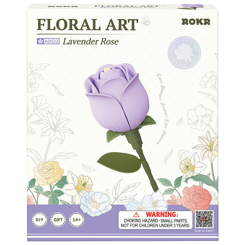 Vorderseite der Verpackung der Robotime Lavender Rose, Kunststoffbausatz einer lila Rose