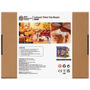 Rückseite der Verpackung der Robotime Leisure Time Tea Room, Miniaturhaus im Stil eines altmodischen Teesalons, dessen Fassade sich öffnen lässt