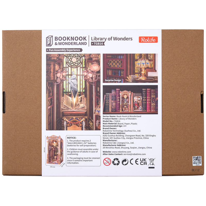Rückseite der Verpackung der Robotime Library of Wonders, Book Nook Holzbausatz einer altmodischen, luxuriösen Bibliothek