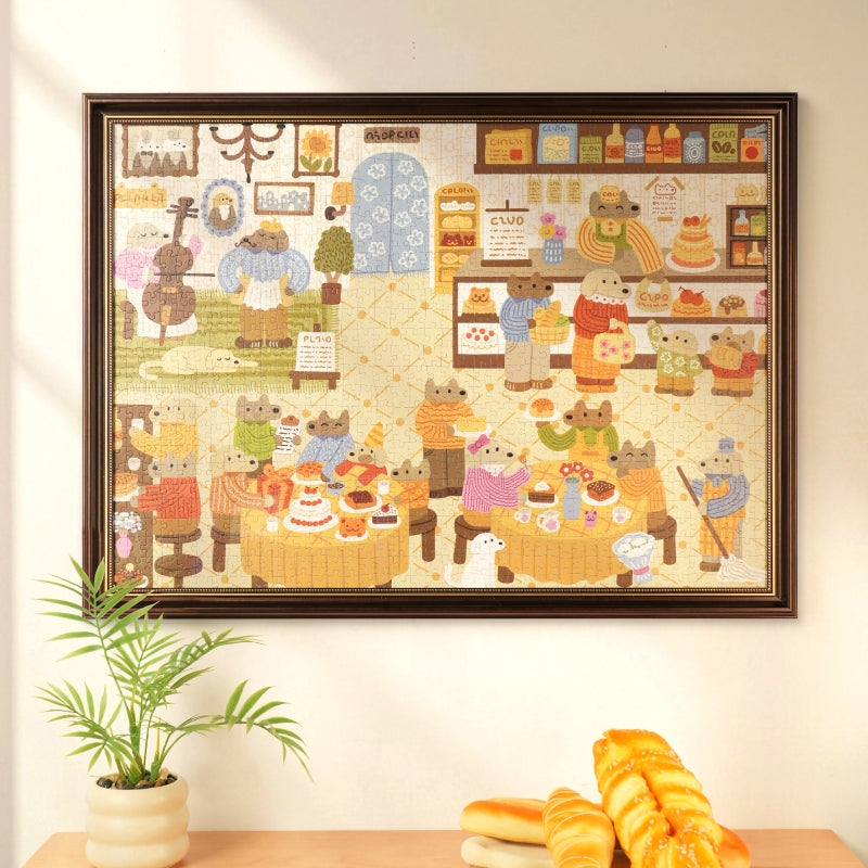 Atmosphärische Präsentation der Robotime Lively Puppies’ Bakery, 1.000-teiliges Puzzle mit einem gemütlichen Bäckereibild mit anthropomorphen, einkaufenden Hunden