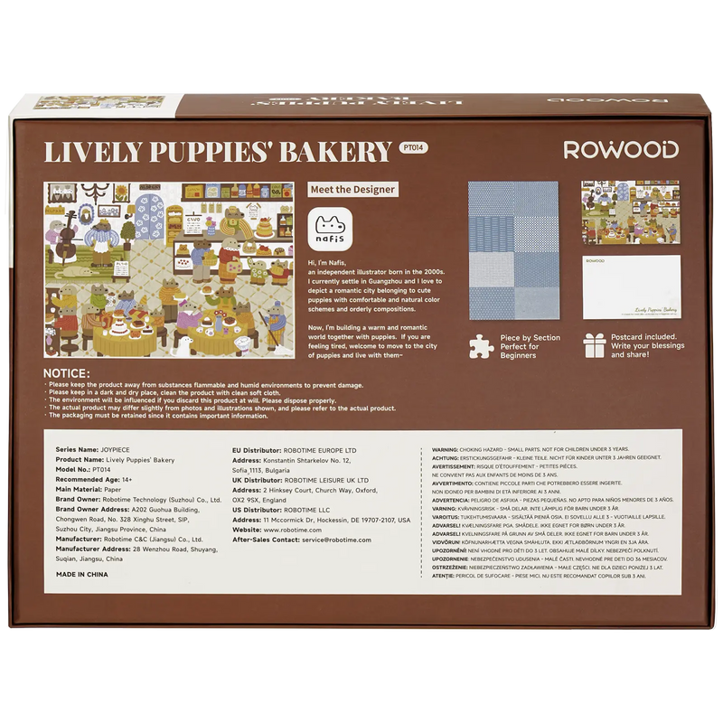 Rückseite der Verpackung der Robotime Lively Puppies’ Bakery, 1.000-teiliges Puzzle mit einem gemütlichen Bäckereibild mit anthropomorphen, einkaufenden Hunden