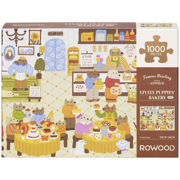 Vorderseite der Verpackung der Robotime Lively Puppies’ Bakery, 1.000-teiliges Puzzle mit einem gemütlichen Bäckereibild mit anthropomorphen, einkaufenden Hunden