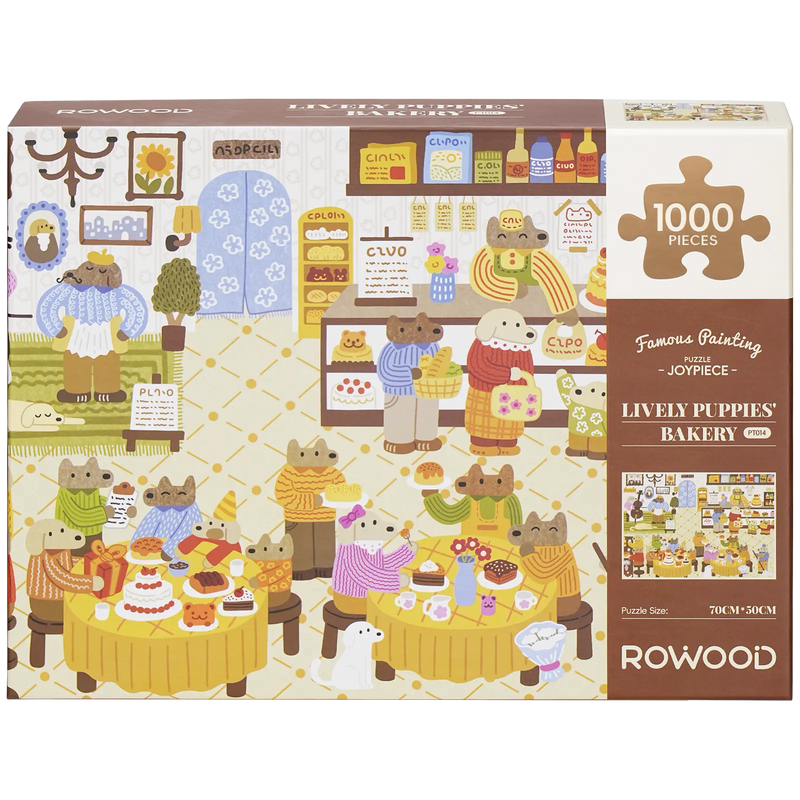 Vorderseite der Verpackung der Robotime Lively Puppies’ Bakery, 1.000-teiliges Puzzle mit einem gemütlichen Bäckereibild mit anthropomorphen, einkaufenden Hunden