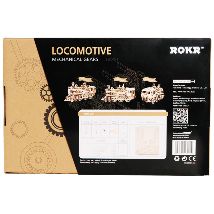 Rückseite der Verpackung der Robotime Locomotive, Holzmodellbau einer mechanischen, fahrenden Dampflokomotive