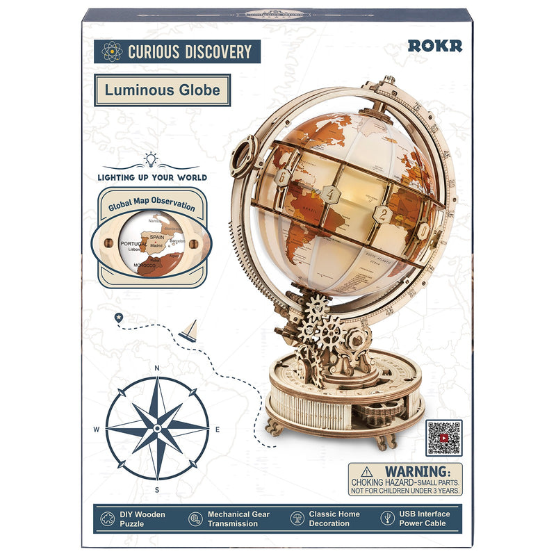 Vorderseite der Verpackung der Robotime Luminous Globe, Holzmodellbau einer beleuchteter Globus