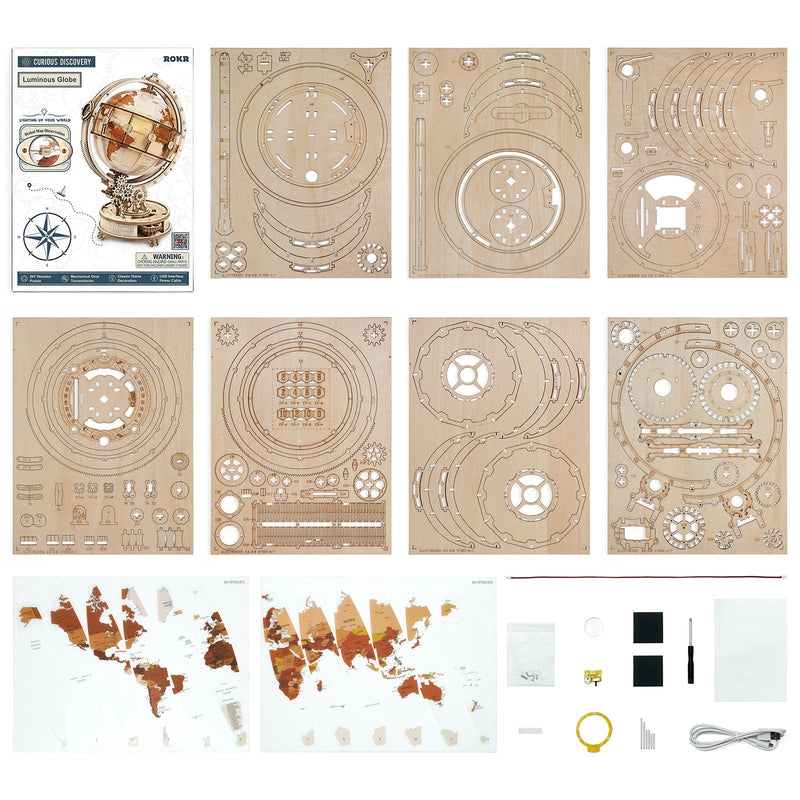 Packungsinhalt des Robotime Luminous Globe, Holzmodellbau einer beleuchteter Globus