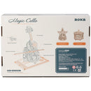 Rückseite der Verpackung der Robotime Magic Cello, Holzbausatz für eine Spieluhr in Form eines Cellos