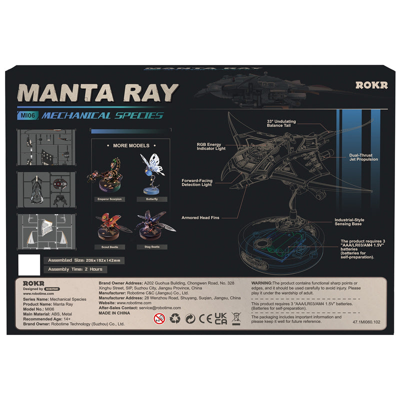 Rückseite der Verpackung der Robotime Manta Ray, Modellbau eines futuristischen, sich bewegenden Manta