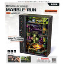 Vorderseite der Verpackung der Robotime Marble Run Alchemy City, grüne und violette Kunststoff-Murmelbahn mit futuristischem Thema