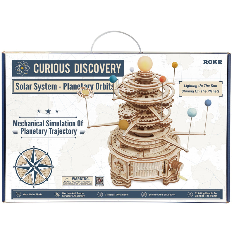 Vorderseite der Verpackung der Robotime Mechanical Orrery, mechanischer Holzmodellbau einer Sonnensystem