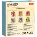 Rückseite der Verpackung der Robotime Melody Instrument Shop, Bausatz für ein Miniaturhaus einer Musikgeschäft