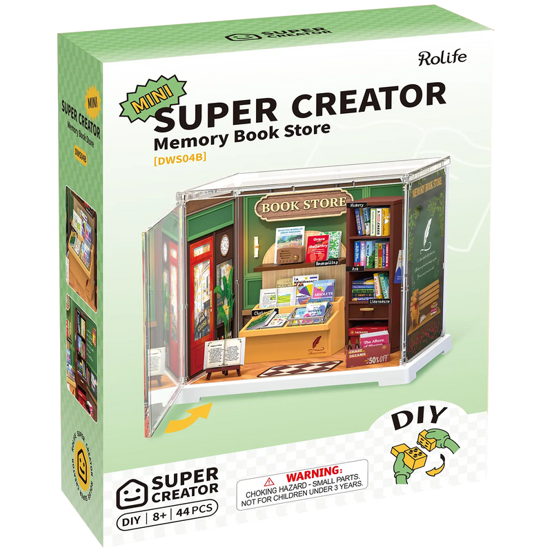 Vorderseite der Verpackung der Robotime Memory Book Store, Miniatur-Buchladen aus Kunststoff in einer kleinen Vitrine