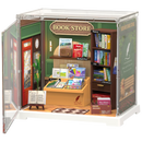 Produktfoto der Robotime Memory Book Store, Miniatur-Buchladen aus Kunststoff in einer kleinen Vitrine