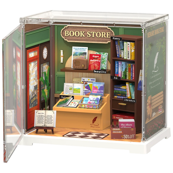 Produktfoto der Robotime Memory Book Store, Miniatur-Buchladen aus Kunststoff in einer kleinen Vitrine
