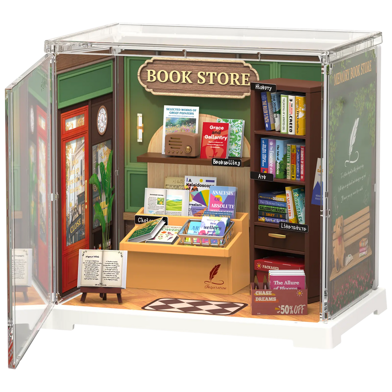 Produktfoto der Robotime Memory Book Store, Miniatur-Buchladen aus Kunststoff in einer kleinen Vitrine