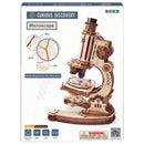 Vorderseite der Verpackung der Robotime Microscope, Holzbausatz für ein funktionierendes Mikroskop