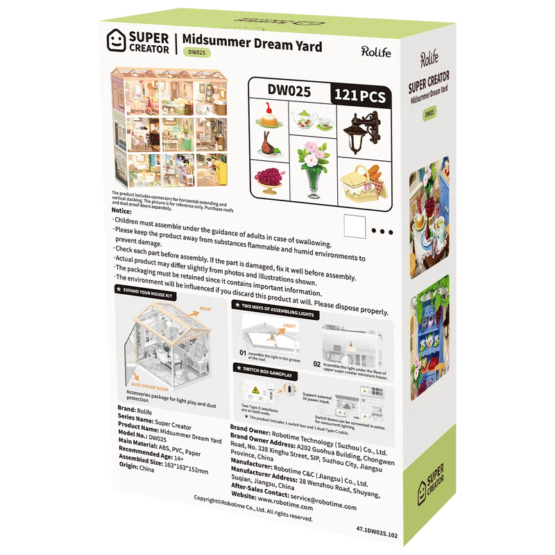 Rückseite der Verpackung der Robotime Midsummer Dream Yard, Kunststoff-Miniaturterrasse mit gedecktem Tisch, Pergola und Möbeln