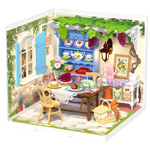 Produktfoto der Robotime Midsummer Dream Yard, Kunststoff-Miniaturterrasse mit gedecktem Tisch, Pergola und Möbeln