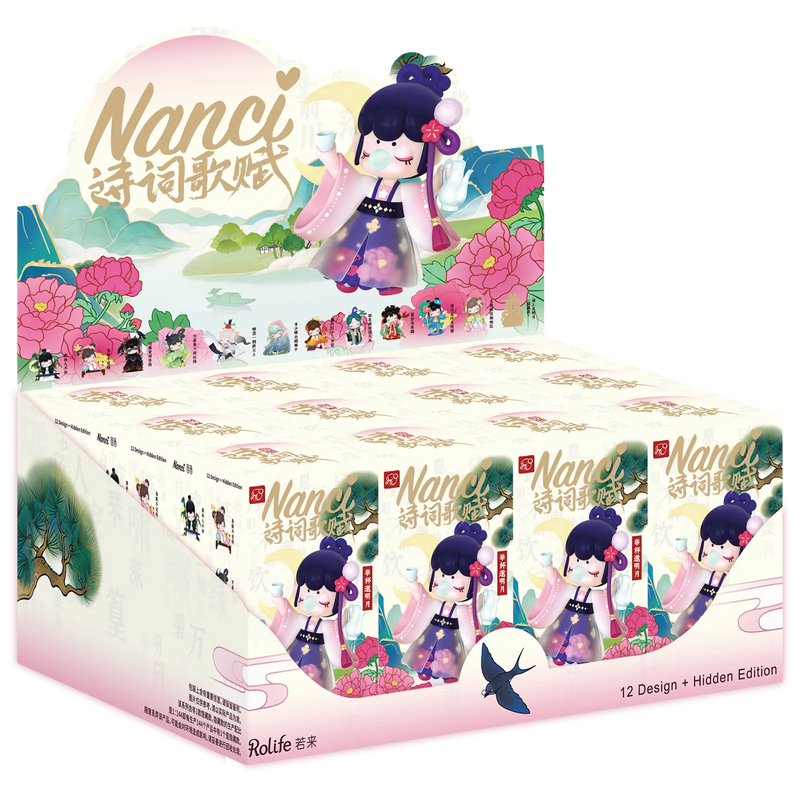 Display mit zwölf Verpackungen aus der Robotime Nanci Chinese Poetry Blind Box Serie
