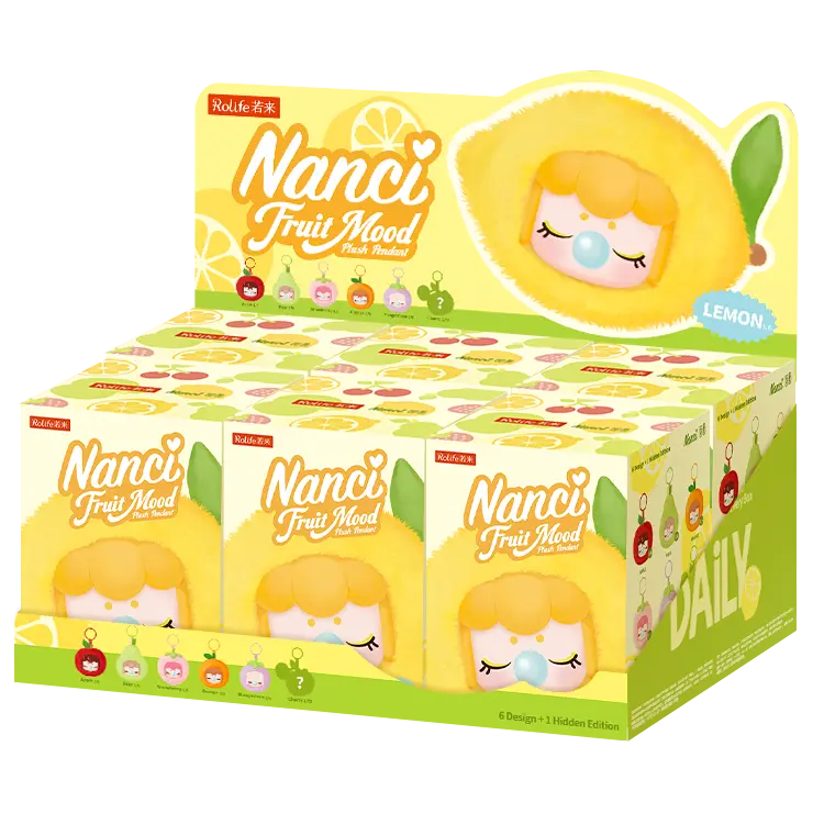 Display mit sechs Verpackungen aus der Robotime Nanci Fruit Mood Surprise Plush Pendant Blind Box Serie