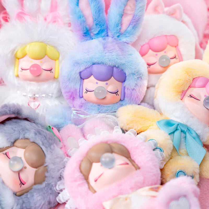 Sechs Farbvarianten des Robotime Nanci Shining Bunny, Blind Box mit einer niedlichen Figur in einem Hasenkostüm in verschiedenen Farben