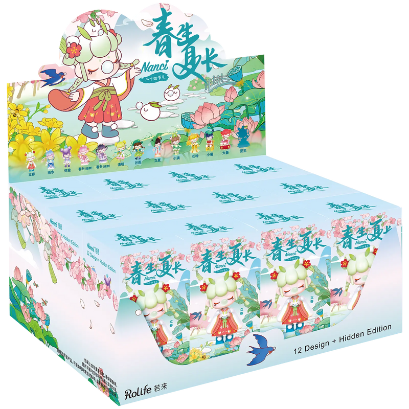 Display mit zwölf Verpackungen aus der Robotime Nanci Solar Spring Blind Box-Serie