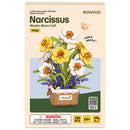 Vorderseite der Verpackung der Robotime Narcissus, Holzbausatz mit gelben und weißen Frühlingsblumen