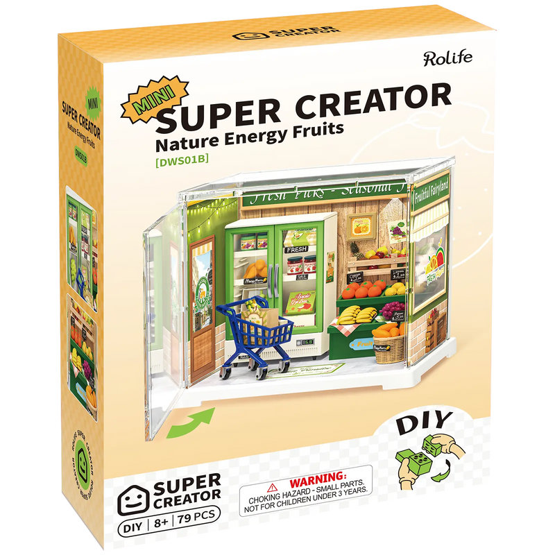 Vorderseite der Verpackung der Robotime Nature Energy Fruits, Miniatur-Obstladen aus Kunststoff in einer kleinen Vitrine