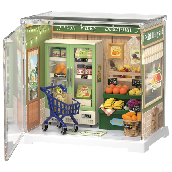 Produktfoto der Robotime Nature Energy Fruits, Miniatur-Obstladen aus Kunststoff in einer kleinen Vitrine