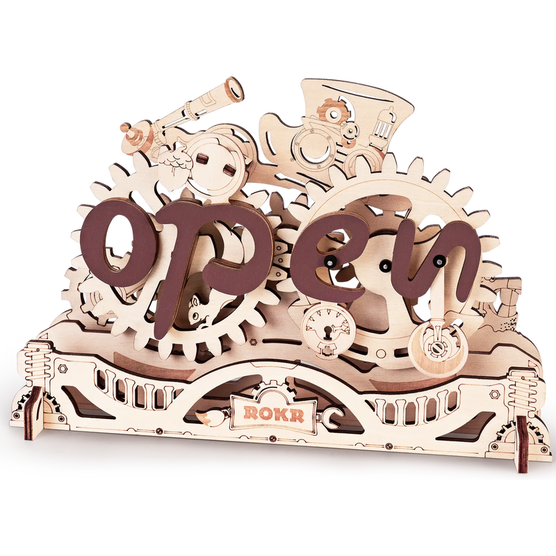 Produktfoto der Robotime Open Closed Sign, Holzbausatz eines transformierenden Schildes