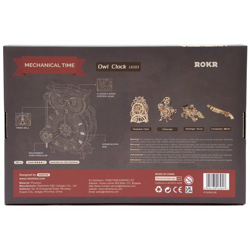 Rückseite der Verpackung der Robotime Owl Clock, Holzmodellbau einer mechanischen Standuhr