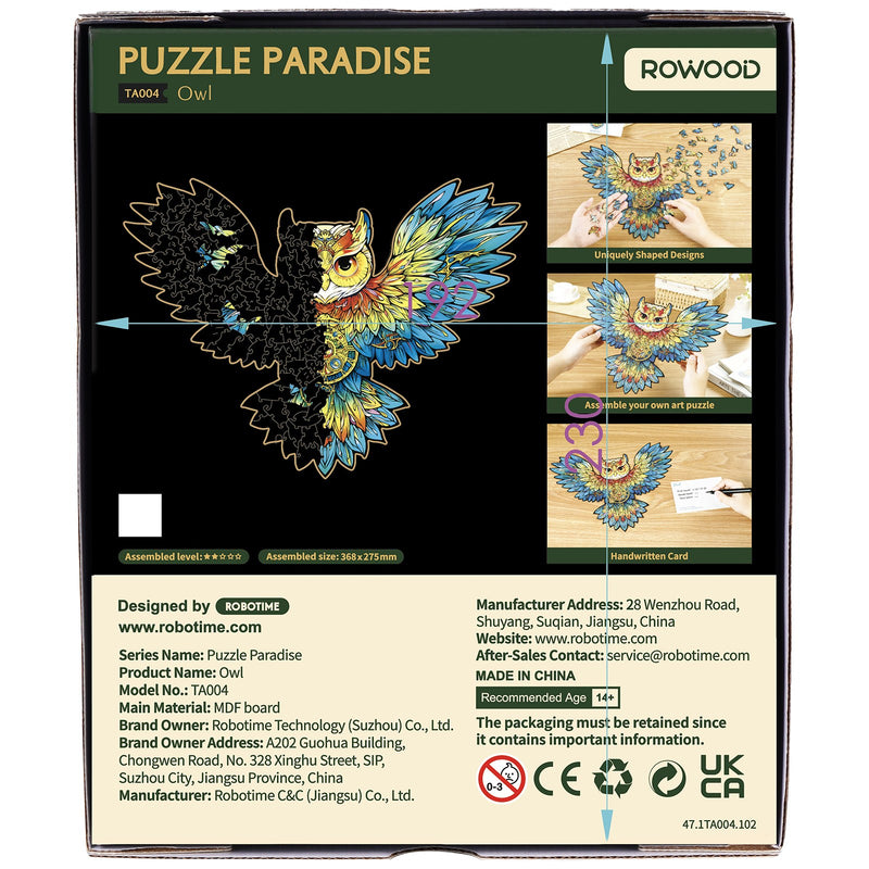 Rückseite Verpackung von Robotime buntes Holzpuzzle Eule