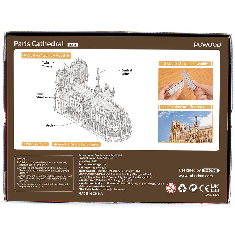 Rückseite der Verpackung der Robotime Paris Cathedral, Holzmodellbau der Notre-Dame in Paris