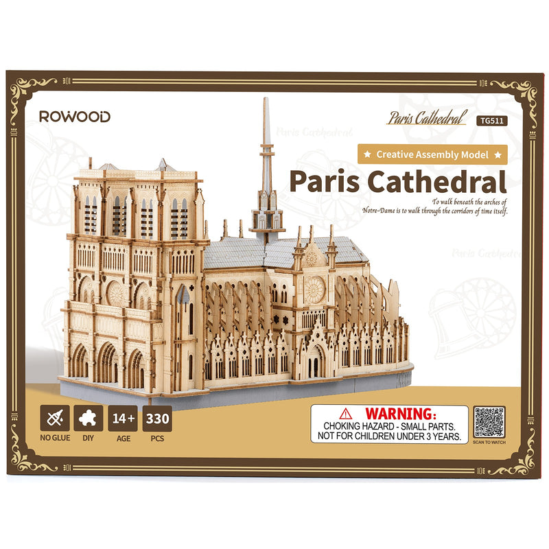 Vorderseite der Verpackung der Robotime Paris Cathedral, Holzmodellbau der Notre-Dame in Paris
