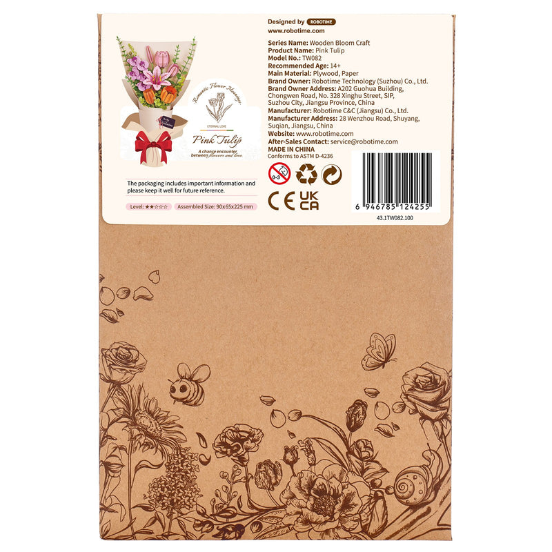 Rückseite der Verpackung der Robotime Pink Tulip, Holzbausatz einer rosa Tulpe