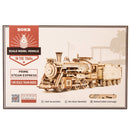 Vorderseite der Verpackung der Robotime Prime Steam Express, Holzbausatz eines altmodischen Dampfzuges mit Waggon