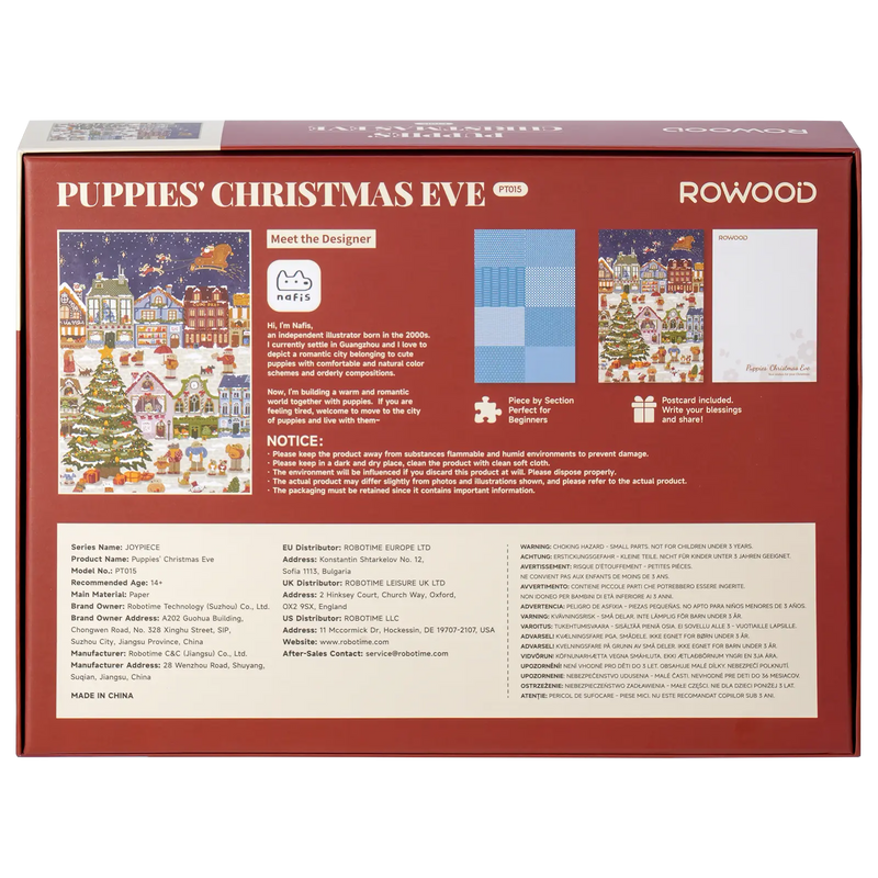 Rückseite der Verpackung der Robotime Puppies' Christmas Eve, 1.000-teiliges Puzzle mit einer stimmungsvollen Weihnachtsszene mit anthropomorphen Hunden