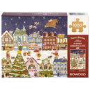 Vorderseite der Verpackung der Robotime Puppies' Christmas Eve, 1.000-teiliges Puzzle mit einer stimmungsvollen Weihnachtsszene mit anthropomorphen Hunden