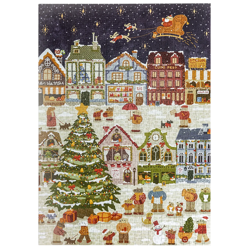 Produktfoto der Robotime Puppies' Christmas Eve, 1.000-teiliges Puzzle mit einer stimmungsvollen Weihnachtsszene mit anthropomorphen Hunden