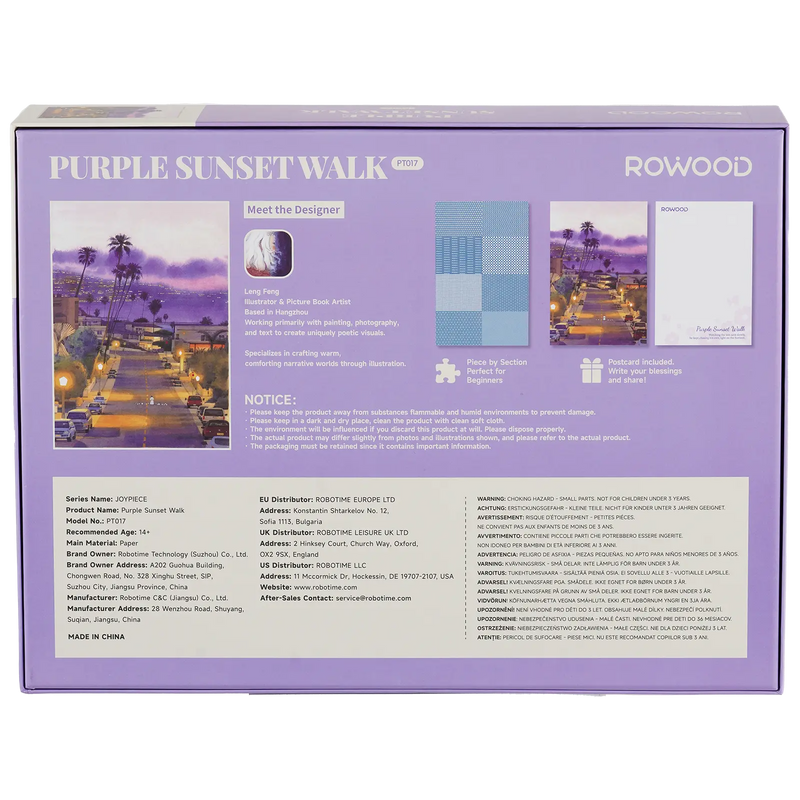 Rückseite der Verpackung der Robotime Purple Sunset Walk, 1.000-teiliges Puzzle einer Straße in einer ruhigen Kleinstadt bei einem violetten Sonnenuntergang