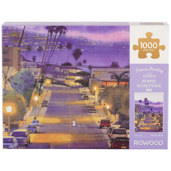 Vorderseite der Verpackung der Robotime Purple Sunset Walk, 1.000-teiliges Puzzle einer Straße in einer ruhigen Kleinstadt bei einem violetten Sonnenuntergang