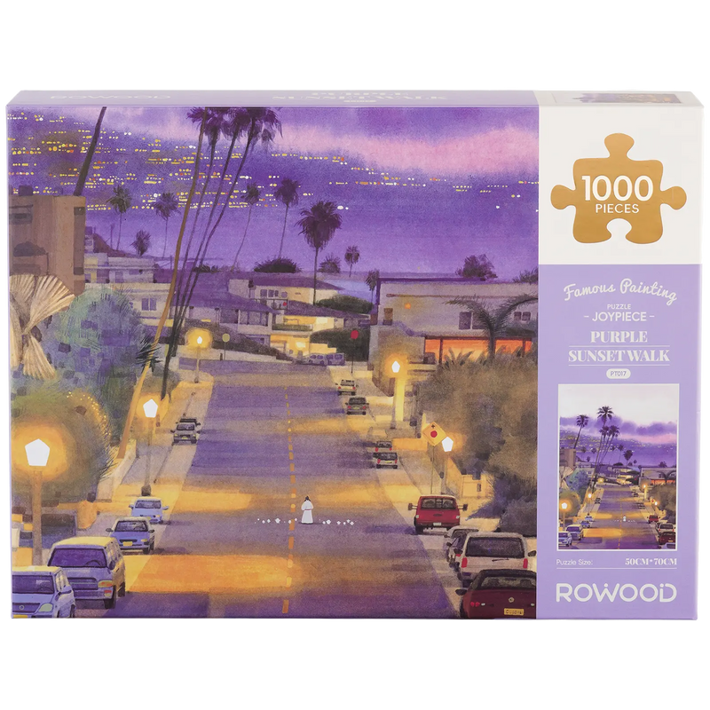 Vorderseite der Verpackung der Robotime Purple Sunset Walk, 1.000-teiliges Puzzle einer Straße in einer ruhigen Kleinstadt bei einem violetten Sonnenuntergang