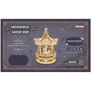 Vorderseite der Verpackung der Robotime Romantic Carousel, Holzbausatz einer rotierenden Spieluhr in Form eines altmodischen Karussells