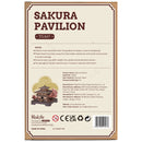 Rückseite der Verpackung der Robotime Sakura Pavilion, Holzbausatz für einen japanischen Pavillon mit Kirschblüten an den Seiten des Gebäudes