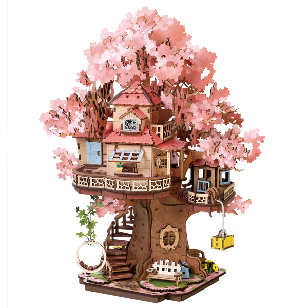 Produktfoto der Robotime Sakura Tree House, Holzbausatz eines Baumhauses in einem japanischen Kirschblütenbaum