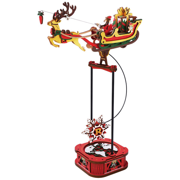 Produktfoto der Robotime Santa on Sleigh, Holzmodellbau eines schaukelnden Rentierschlittens